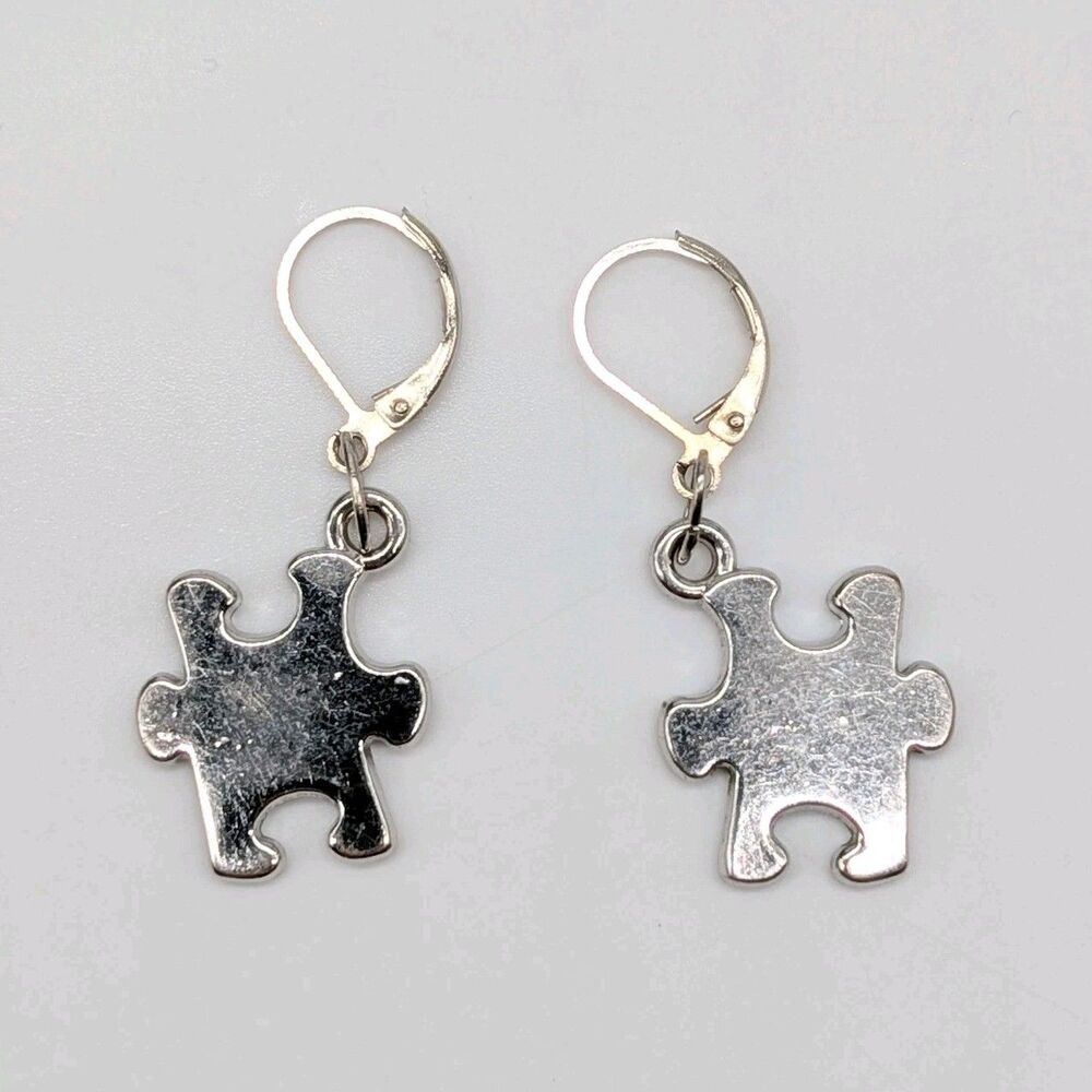 Silver Tone Puzzle Piece Leverback Dangle Drop Earrings Metal 1.6"